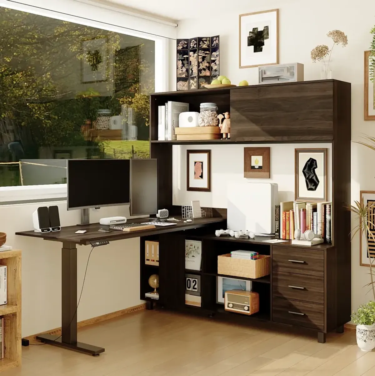 FUFU&GAGA L-Shaped Standing Desk with Hutch – Adjustable Height Computer Desk with Storage Drawers & Shelves, (63" W x 68.3" H x 63" D), Rustic Brown