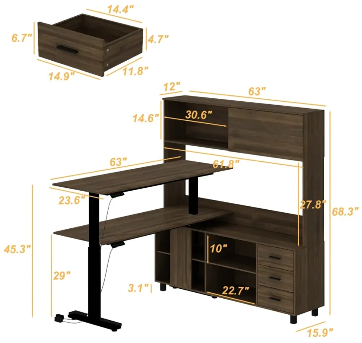 FUFU&GAGA L-Shaped Standing Desk with Hutch – Adjustable Height Computer Desk with Storage Drawers & Shelves, (63" W x 68.3" H x 63" D), Rustic Brown