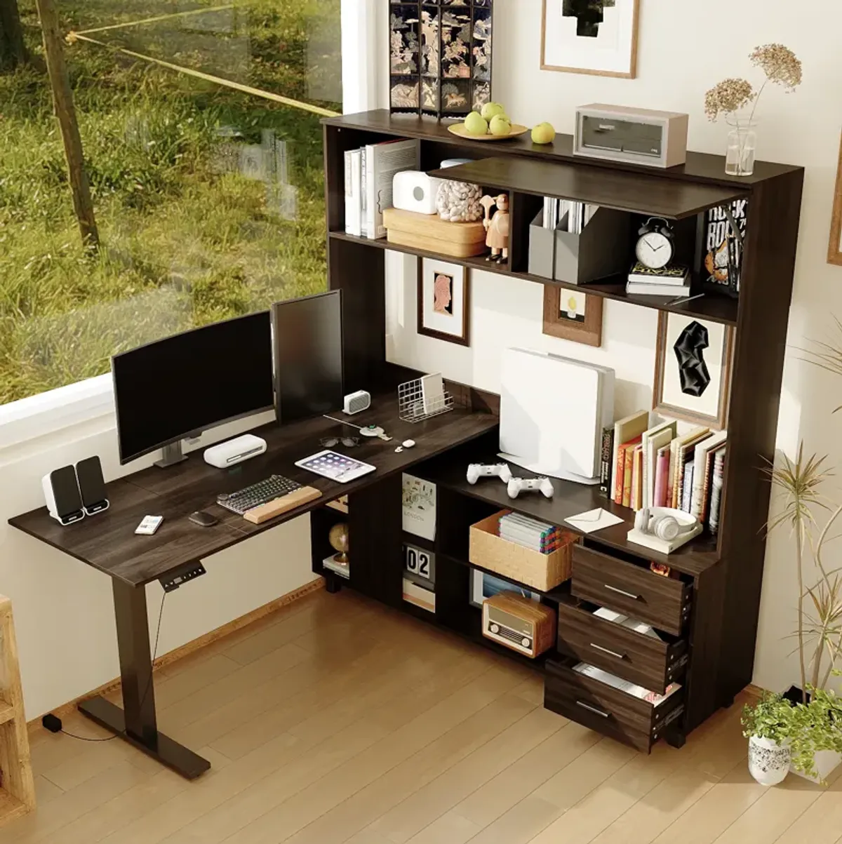 FUFU&GAGA L-Shaped Standing Desk with Hutch – Adjustable Height Computer Desk with Storage Drawers & Shelves, (63" W x 68.3" H x 63" D), Rustic Brown