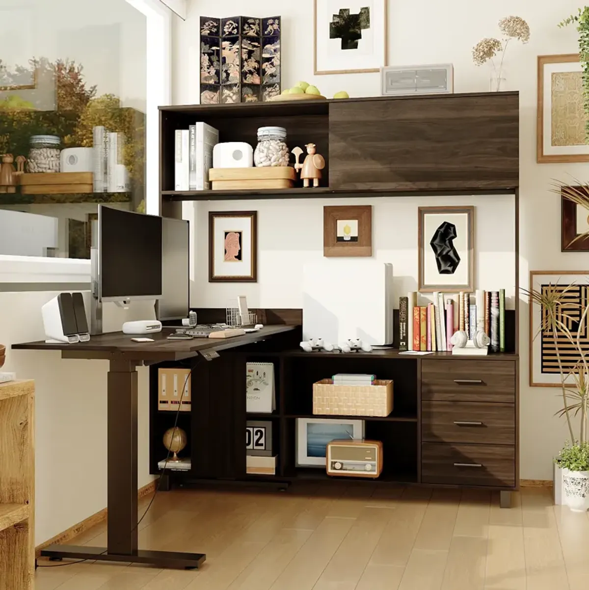 FUFU&GAGA L-Shaped Standing Desk with Hutch – Adjustable Height Computer Desk with Storage Drawers & Shelves, (63" W x 68.3" H x 63" D), Rustic Brown