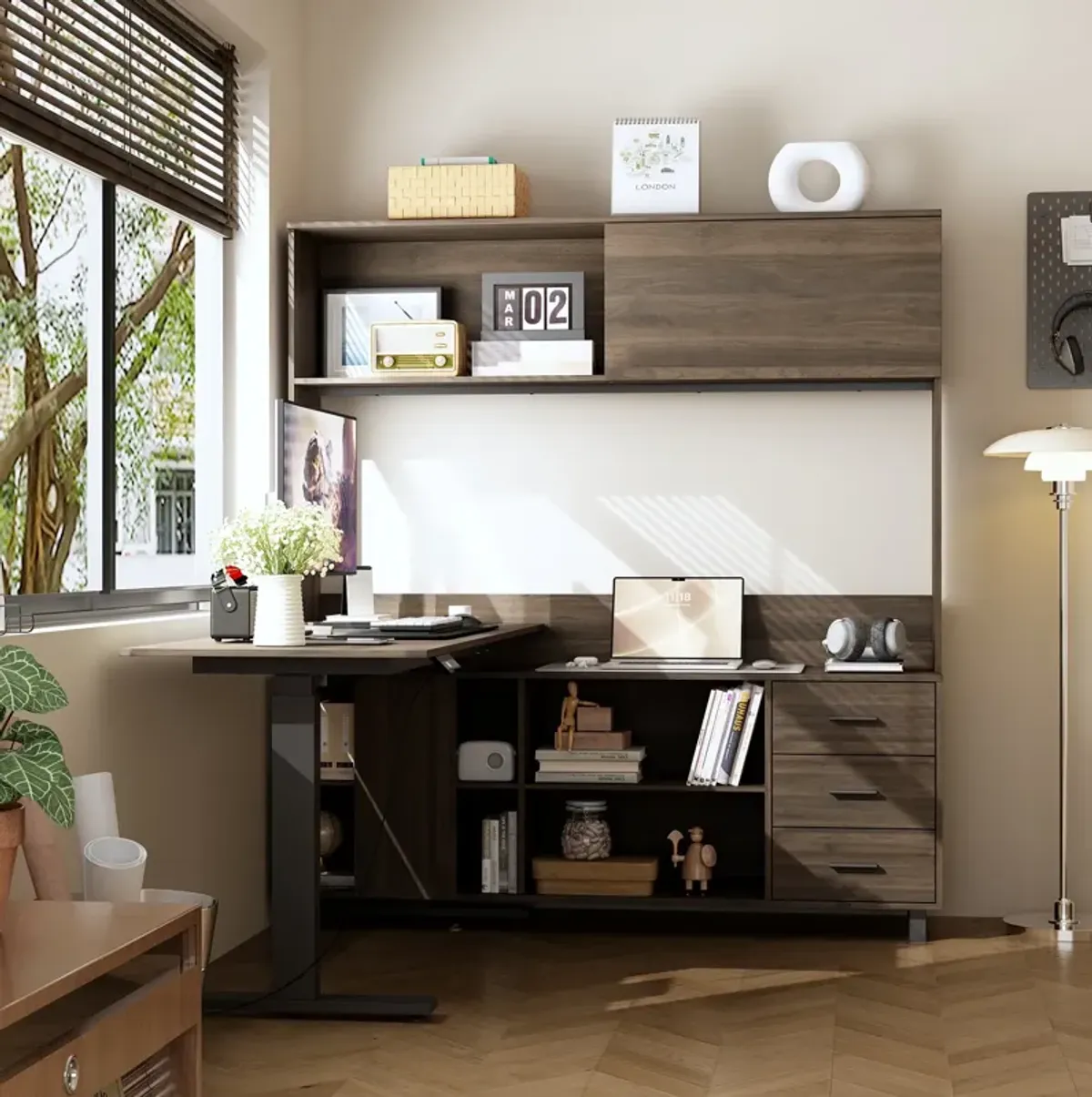 FUFU&GAGA L-Shaped Standing Desk with Hutch – Adjustable Height Computer Desk with Storage Drawers & Shelves, (63" W x 68.3" H x 63" D), Rustic Brown