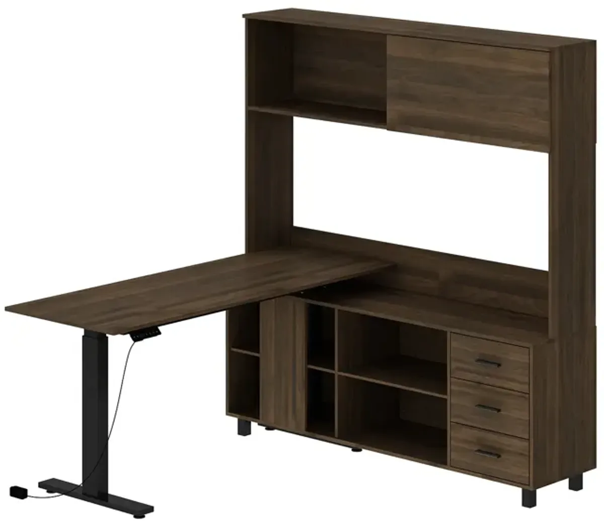 FUFU&GAGA L-Shaped Standing Desk with Hutch – Adjustable Height Computer Desk with Storage Drawers & Shelves, (63" W x 68.3" H x 63" D), Rustic Brown