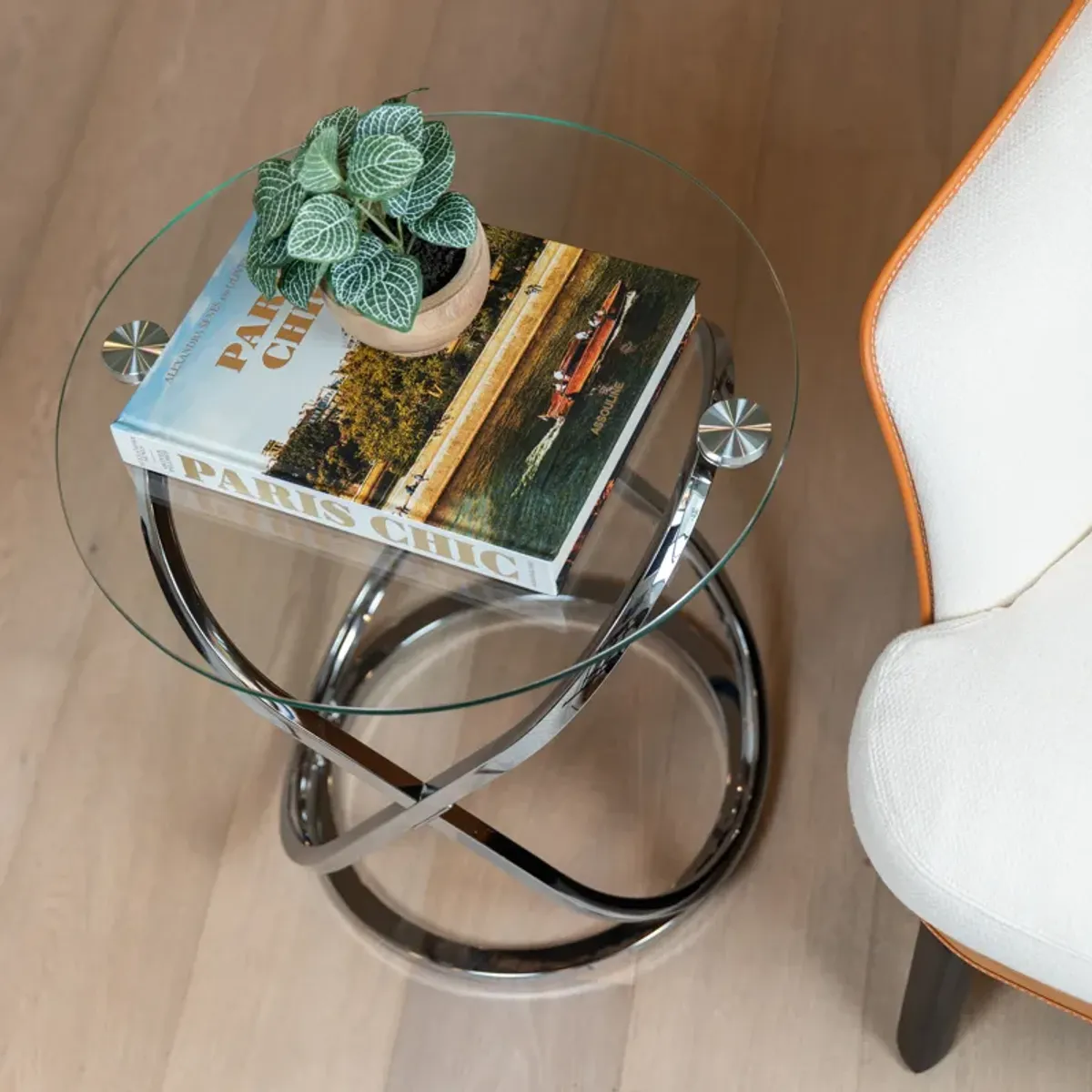 Galaxy Tempered Glass Round End Table with Cross Base Metal Frame