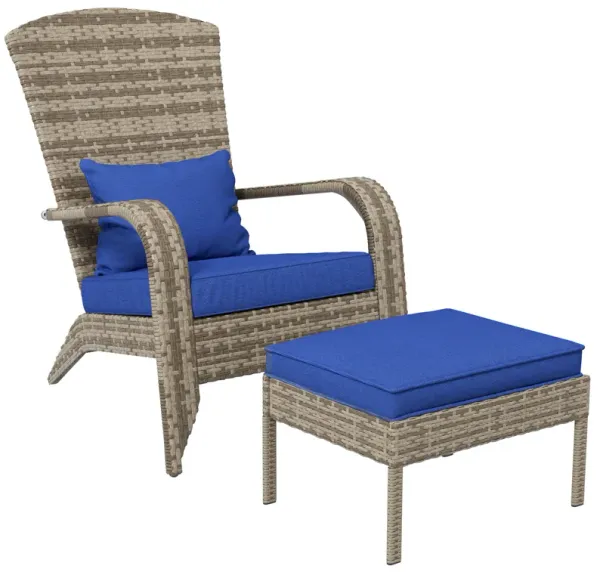 Outsunny Patio Wicker Adirondack Chair with Ottoman, Outdoor Fire Pit Chair with Cushions, High-Back, Large Seat & Armrests for Deck, Garden & Backyard, Dark Blue
