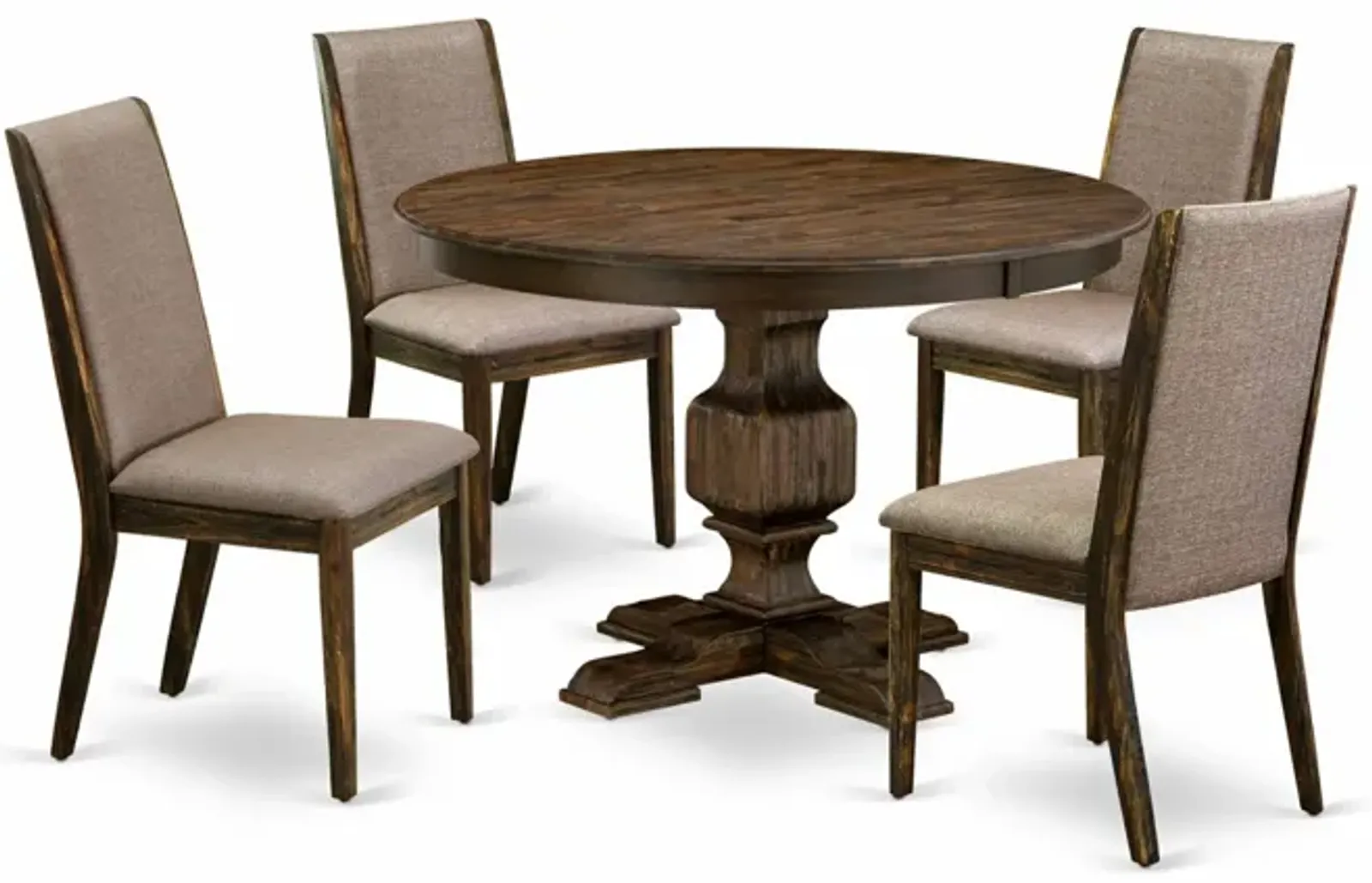 East West Furniture F3LA5-716 5Pc Dining Room Set - Round Table and 4 Parson Chairs - Distressed Jacobean Color