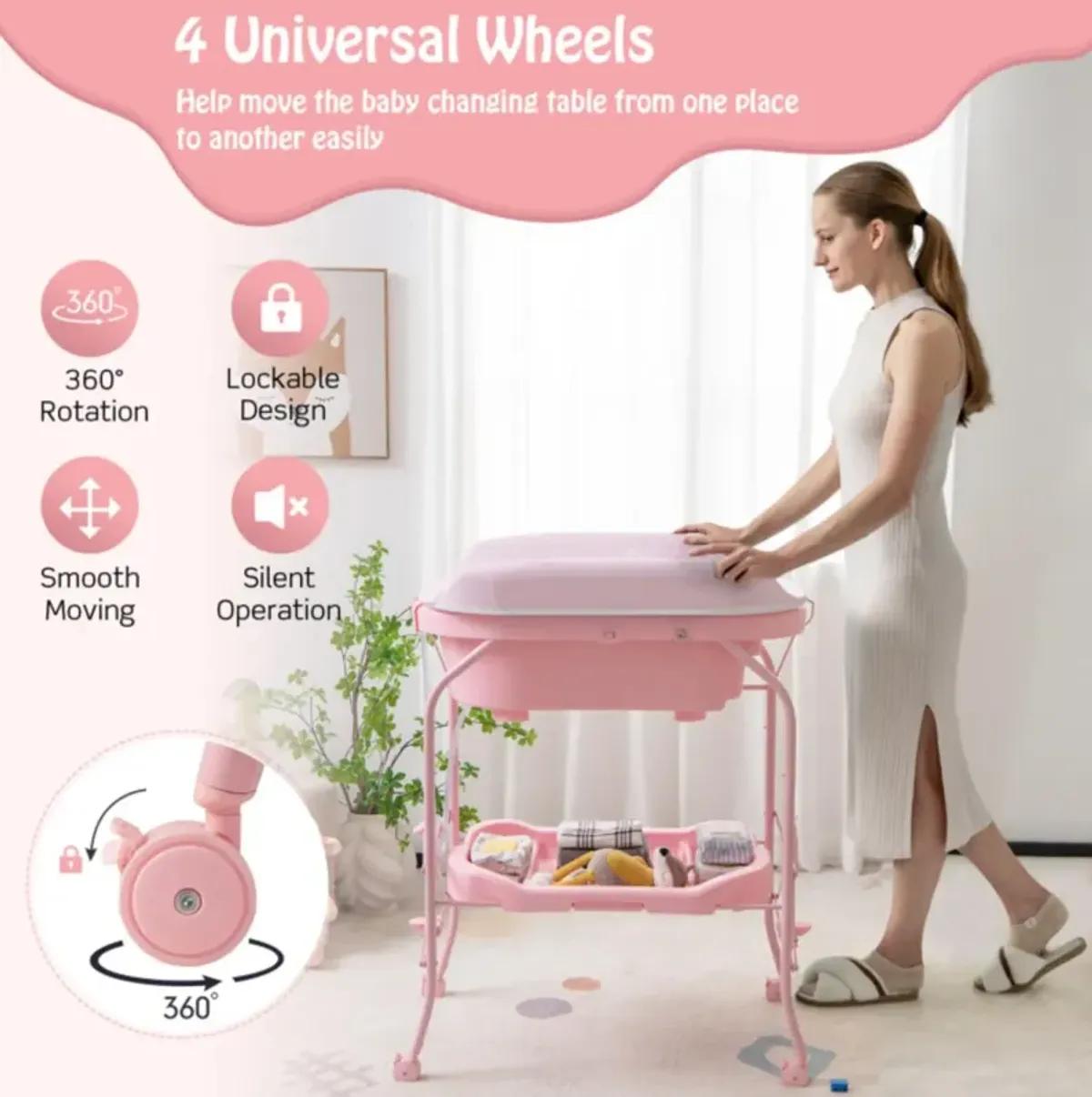 Hivvago Folding Baby Changing Table with Bathtub and 4 Universal Wheels