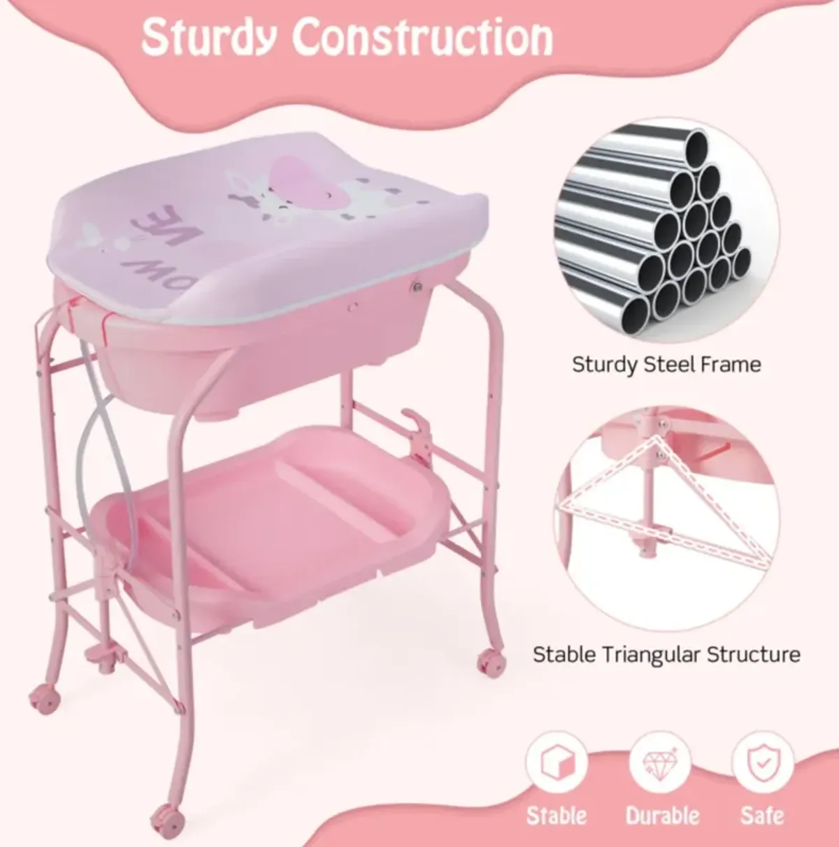 Hivvago Folding Baby Changing Table with Bathtub and 4 Universal Wheels