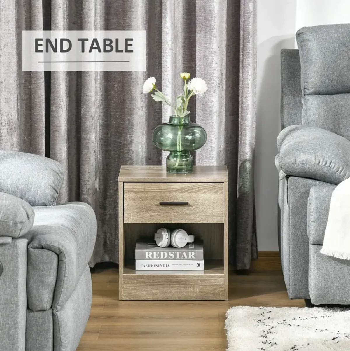 Grey Wood Side Table: Accent End Table with Drawer for Living Room