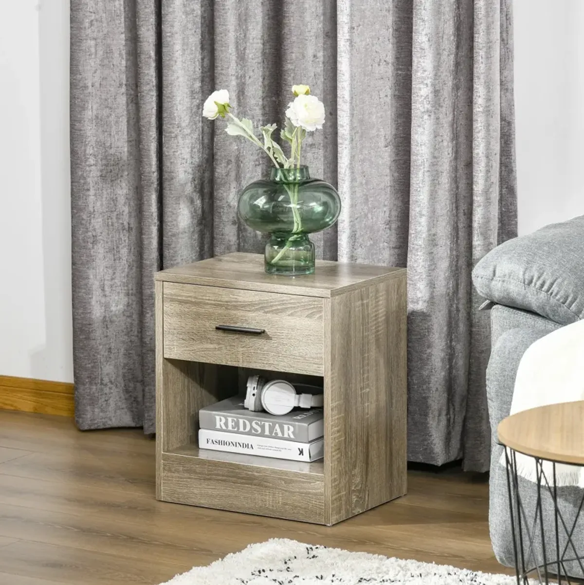 Grey Wood Side Table: Accent End Table with Drawer for Living Room