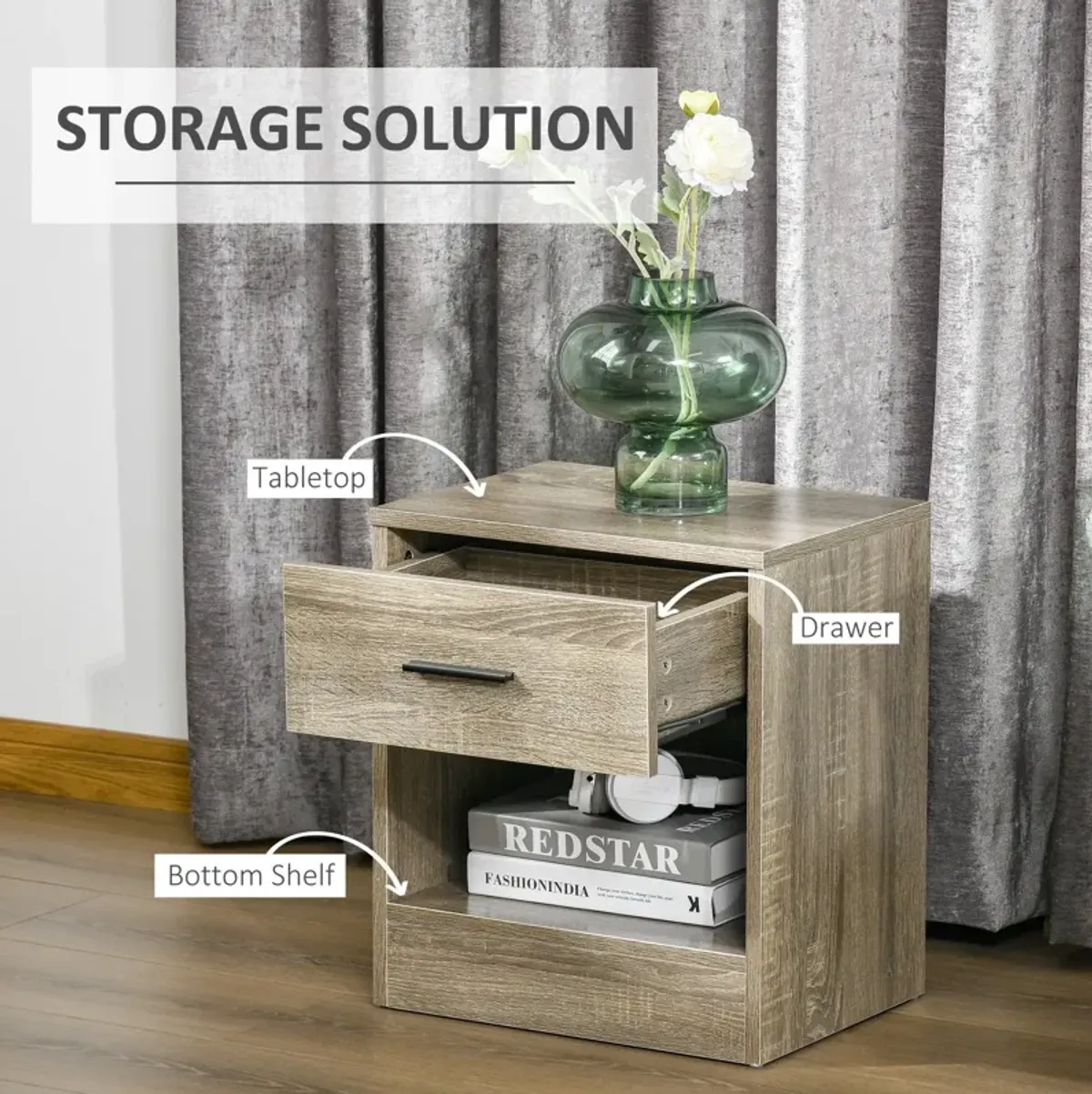 Grey Wood Side Table: Accent End Table with Drawer for Living Room