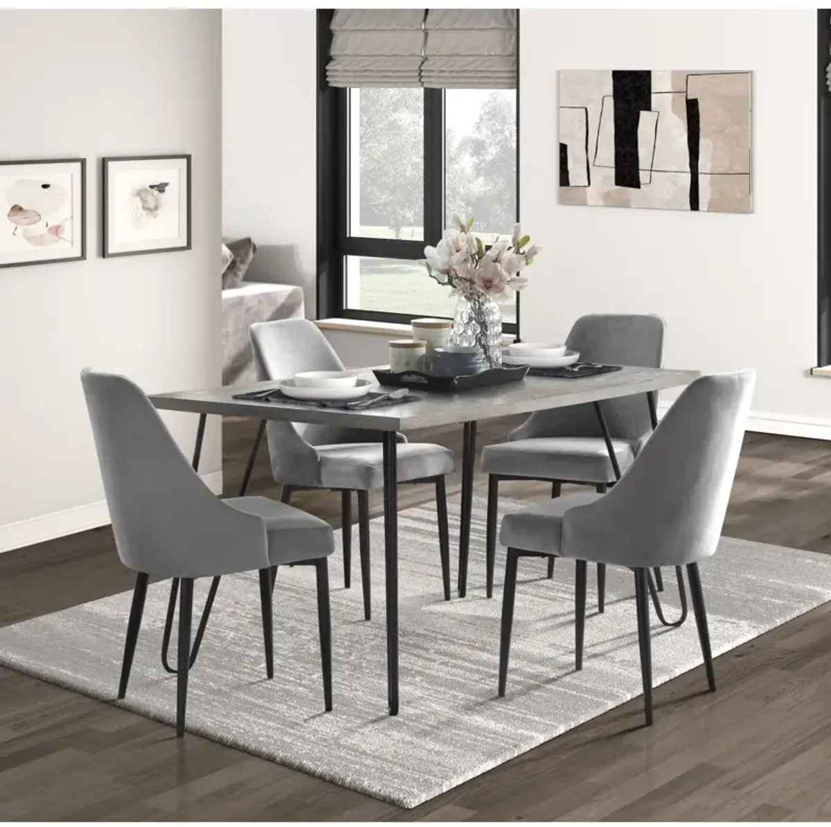 Modern Sleek Design Dining Table 1 Piece Light Gray Wooden Top Black Finish Metal Legs Dining Furniture