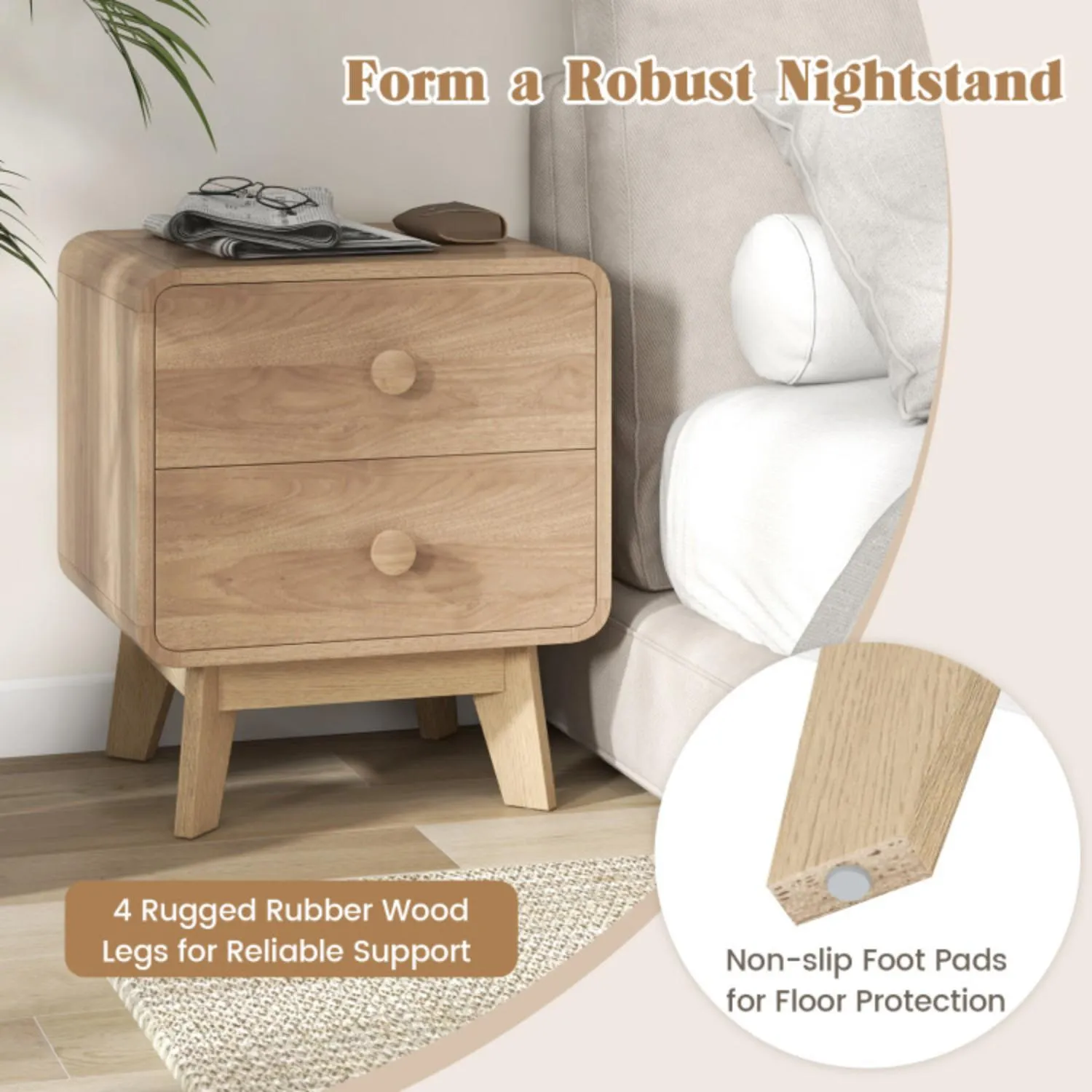 Hivvago Nightstand with 2 Drawers Solid Rubber Wood Legs