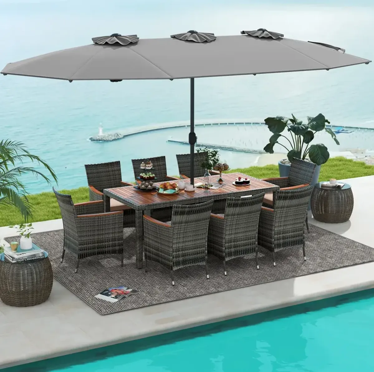 15-Foot Double-Sided Twin Patio Umbrella with Crank Handle and Base