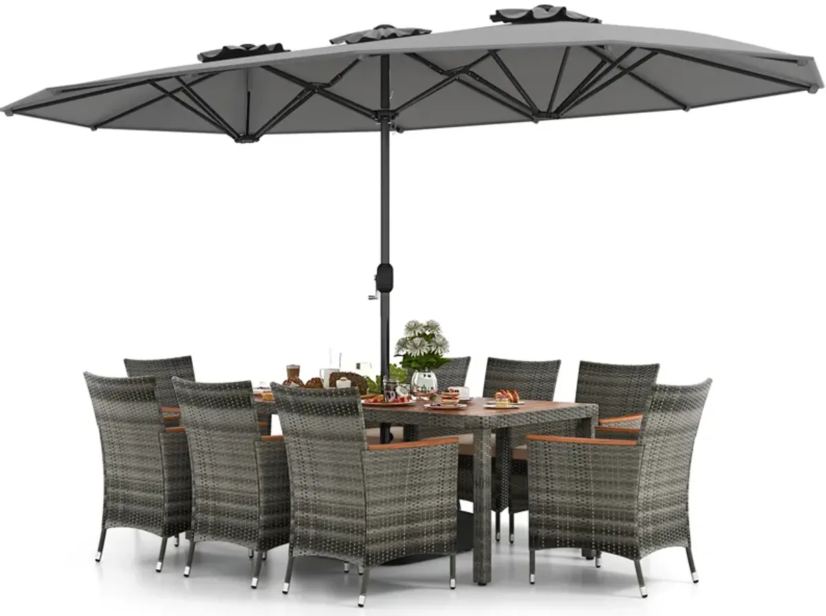 15-Foot Double-Sided Twin Patio Umbrella with Crank Handle and Base