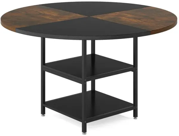 Dining Table, 47 Inch Round Top, 2 Storage Shelves, Black Metal - Benzara
