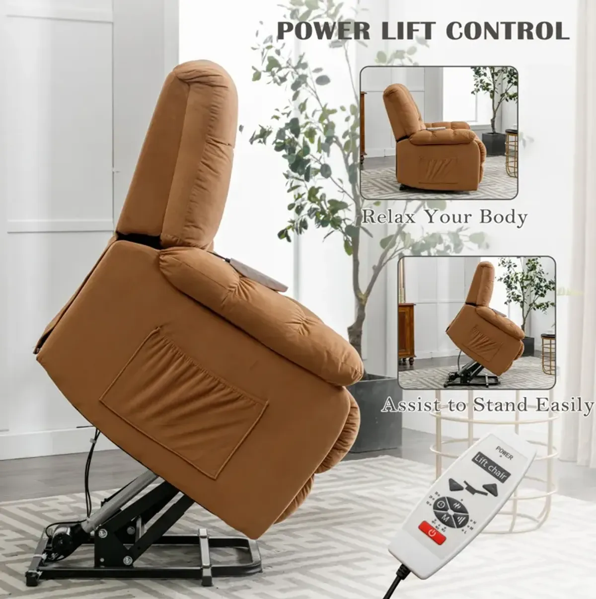 Electric Power Lift Massage Recliner - Light Brown