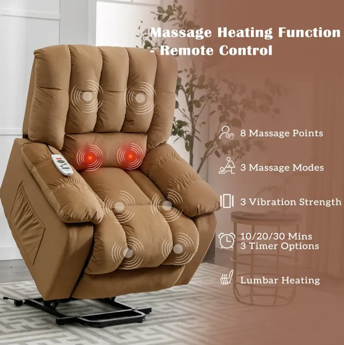 Electric Power Lift Massage Recliner - Light Brown