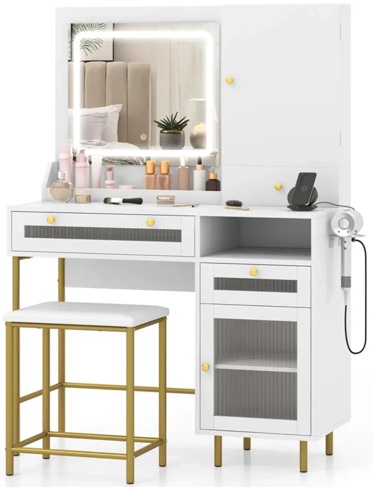 Modern Makeup Vanity Desk with Mirror and Lights and Stool Set