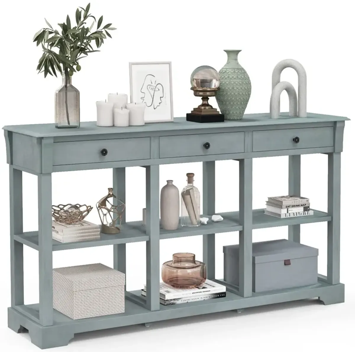 58" Retro Console Table with 3 Drawers and Open Shelves Rectangular Entryway Table-Blue