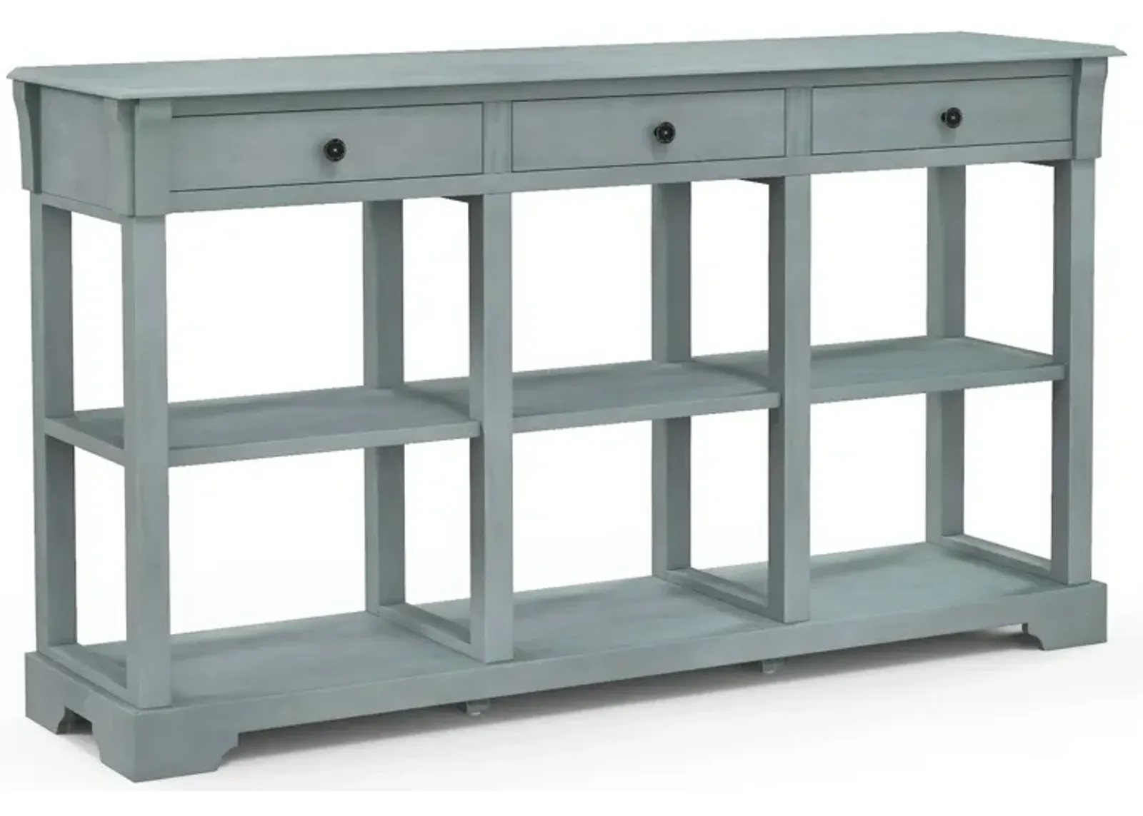 58" Retro Console Table with 3 Drawers and Open Shelves Rectangular Entryway Table-Blue