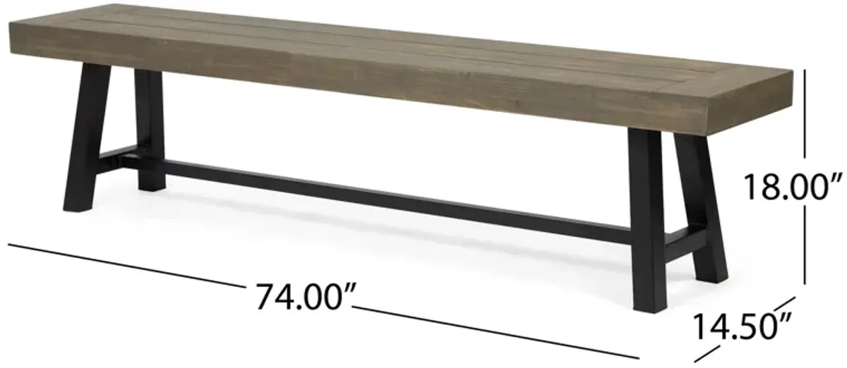 Leslee Outdoor Dining Bench, 74 Inch, Black Trestle Legs, Gray Wood - Benzara