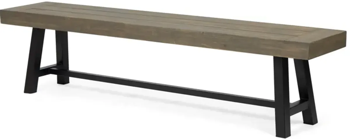 Leslee Outdoor Dining Bench, 74 Inch, Black Trestle Legs, Gray Wood - Benzara