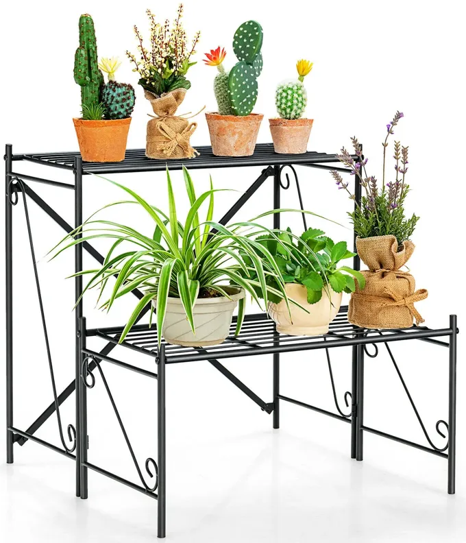 2-Tier Stair Style Metal Plant Stand for Indoor and Outdoor-Black