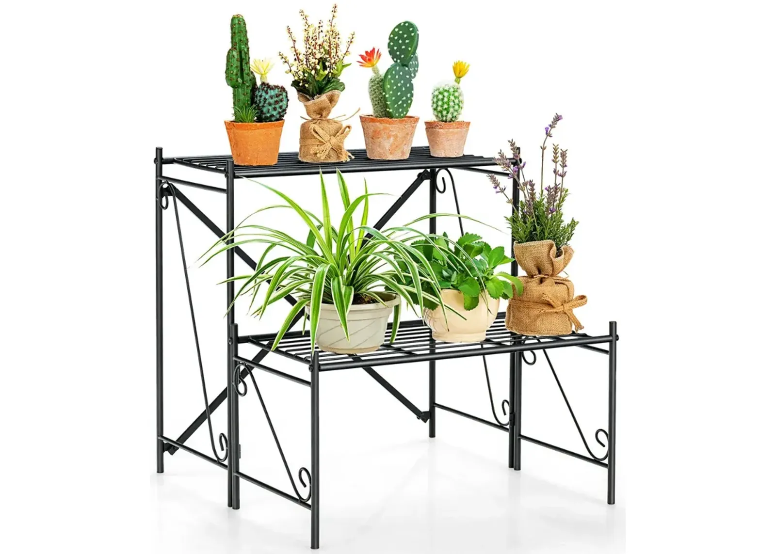 2-Tier Stair Style Metal Plant Stand for Indoor and Outdoor-Black