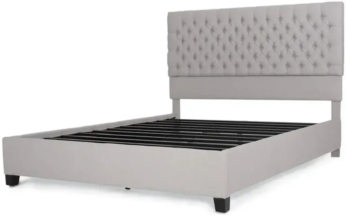 Amare Platform Queen Size Bed, Button Tufted Light Gray Polyester - Benzara