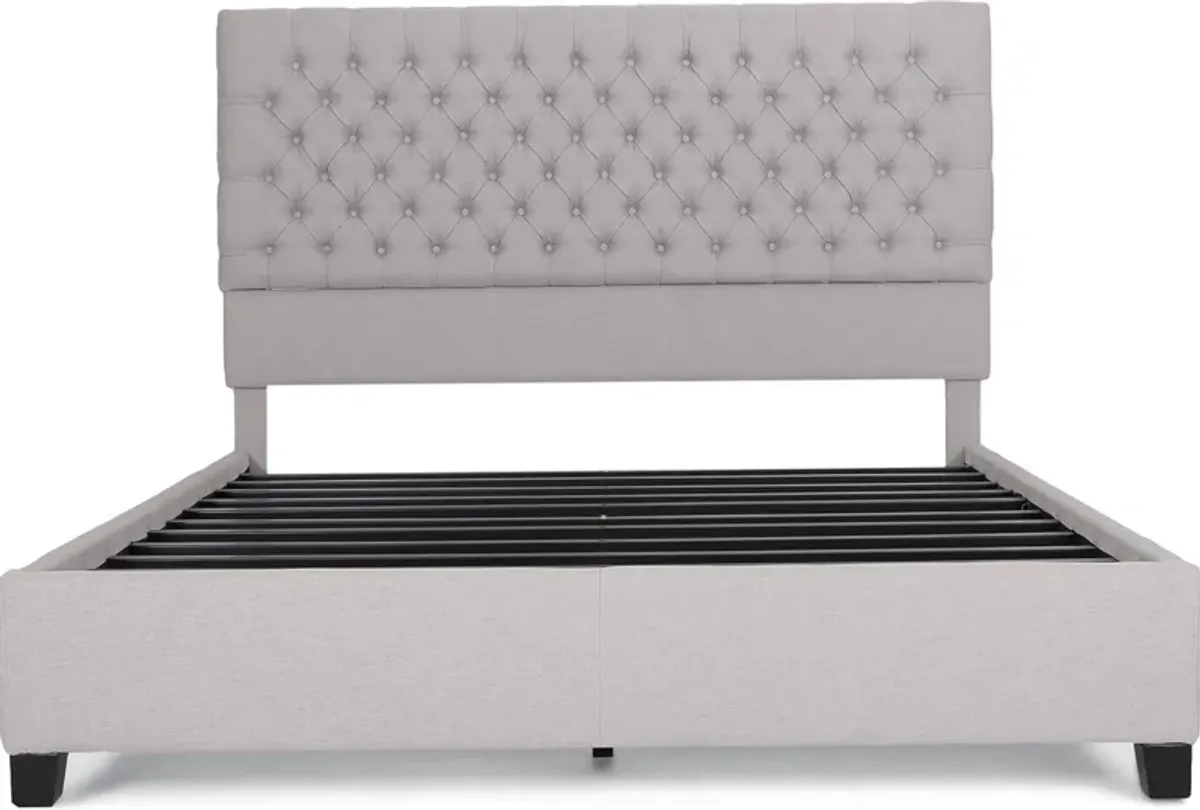 Amare Platform Queen Size Bed, Button Tufted Light Gray Polyester - Benzara