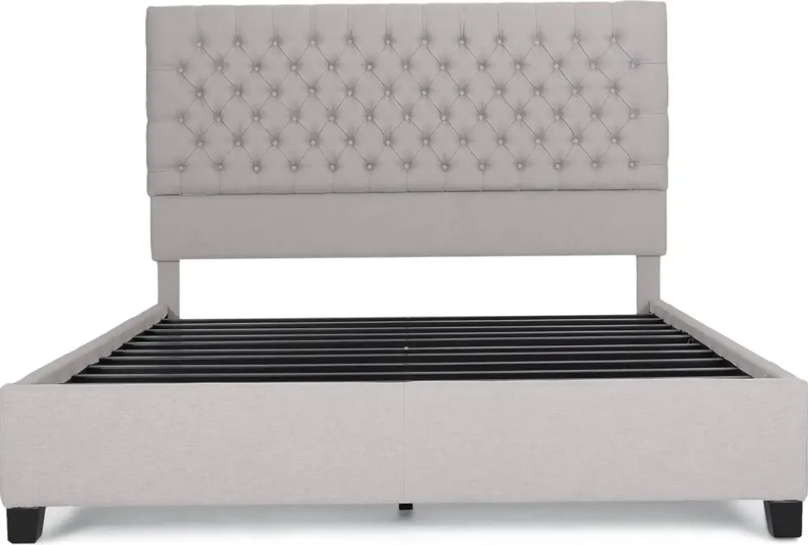 Amare Platform Queen Size Bed, Button Tufted Light Gray Polyester - Benzara