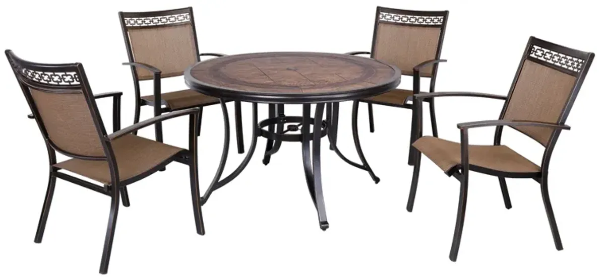 MONDAWE 5 Piece Dark Gold Cast Aluminum Round 28 in. H Outdoor Dining Table and Sets of 4 Chairs