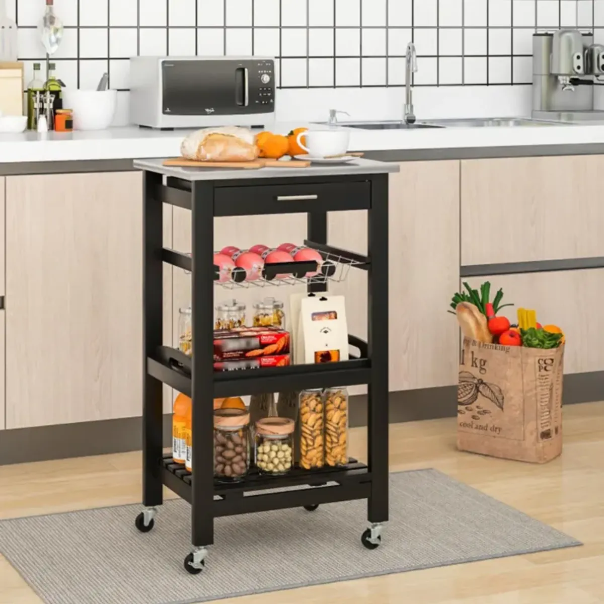 Hivvago Kitchen Island Cart with Stainless Steel Tabletop and Basket