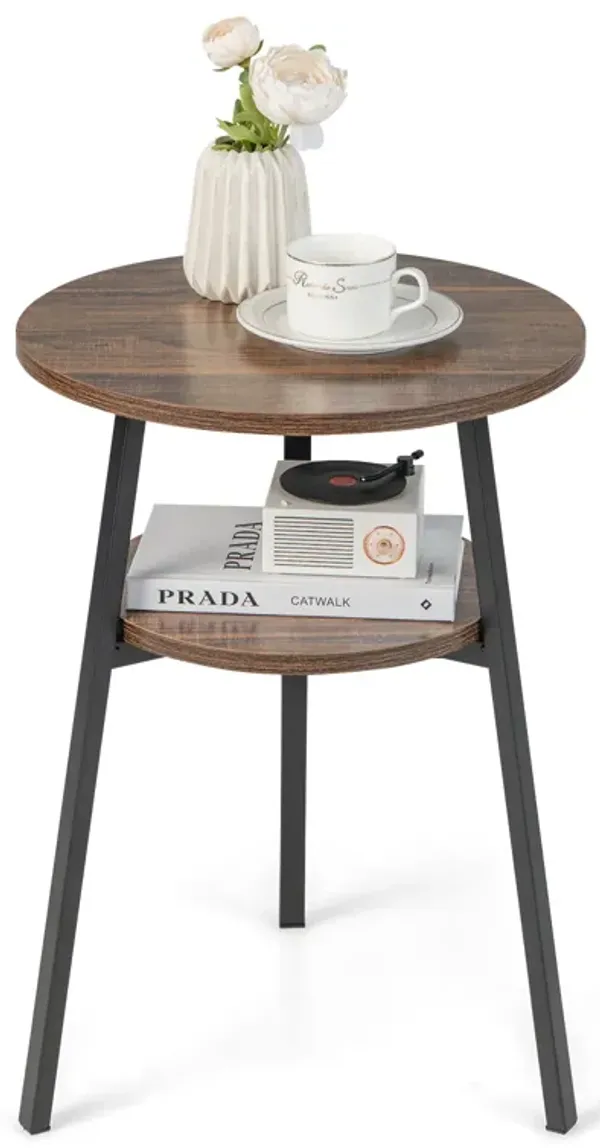 2-Tier Round End Table with Open Shelf and Triangular Metal Frame