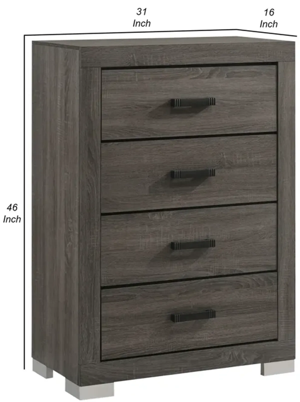 Lola 46 Inch Tall Dresser Chest, 4 Drawers, Metal Bar Handles, Dark Gray