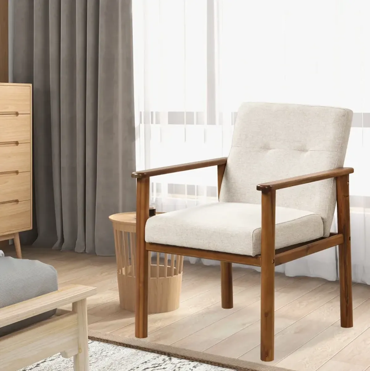 Modern Accent Linen Fabric Armchair with Solid Wood Legs and Soft Cushioned Seat