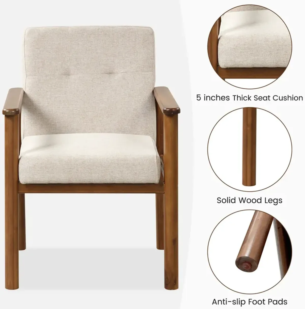 Modern Accent Linen Fabric Armchair with Solid Wood Legs and Soft Cushioned Seat