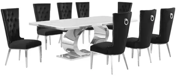 Best Quality Furniture 9pc Large(87) marble top dining set with silver base and  8 Black side chairs