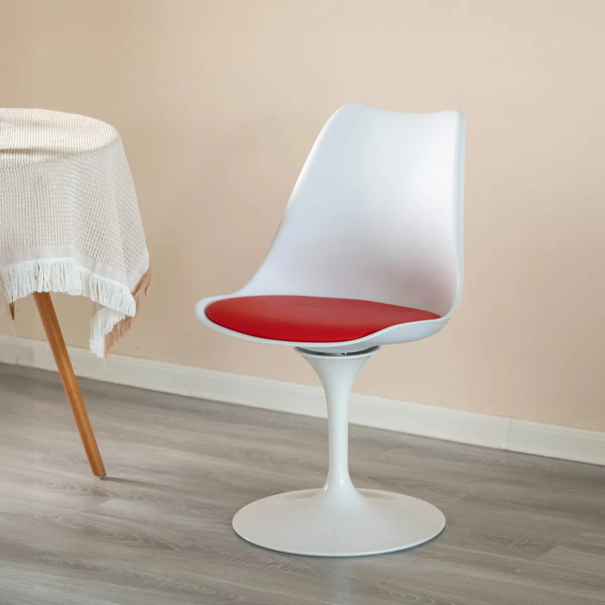 Mid-Century Modern White Tulip Side Chair with Red Cushioned Seat - Stylish and Comfortable Polypropylene Swivel Accent Chair for Home Office, Living Room or Kitchen Bar