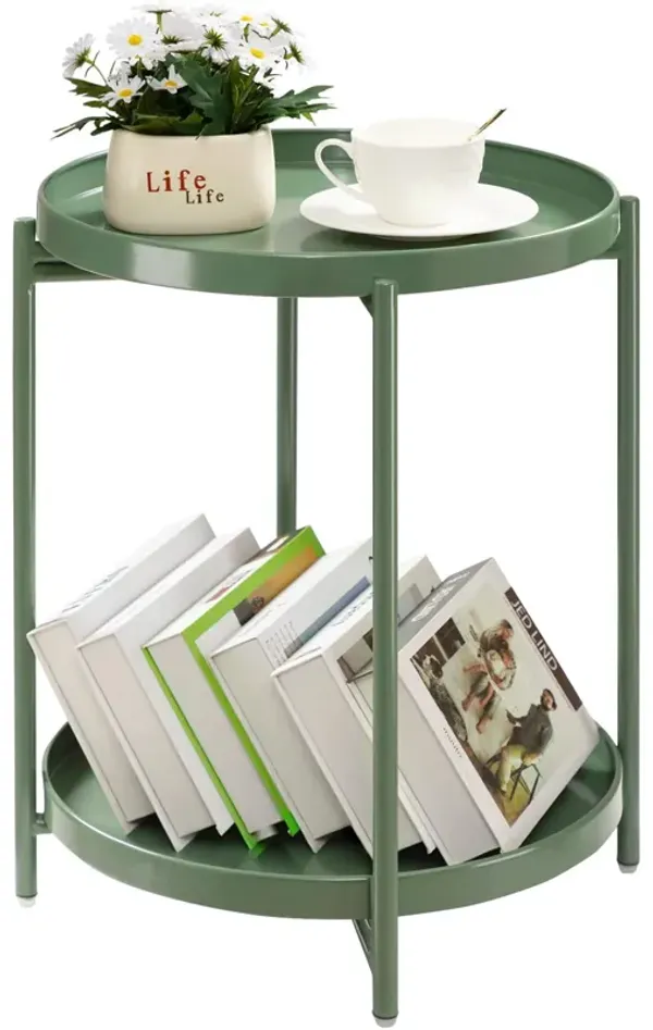 TeoKJ 2 Tier Green Side Table, Folding Round Metal End Table Small Nightstand with Two Removable Tray for Bedroom Living Room Be