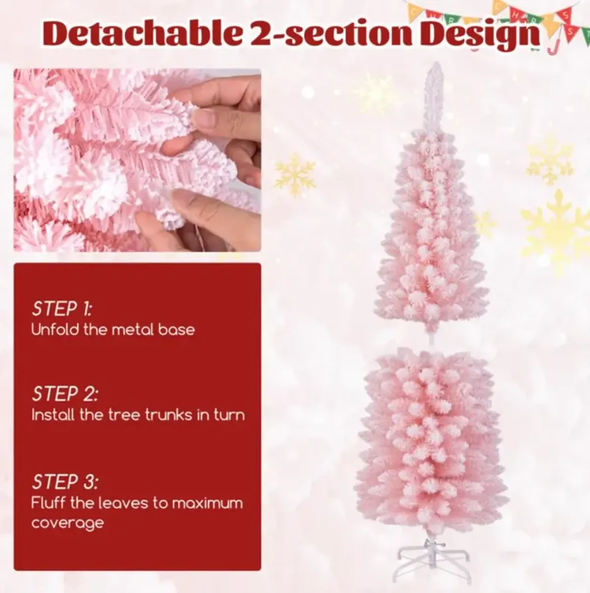 Hivvago Snow Flocked 5/6/7/8 FT Artificial Pink Xmas Tree with 328/460/635/1000 Branch Tips