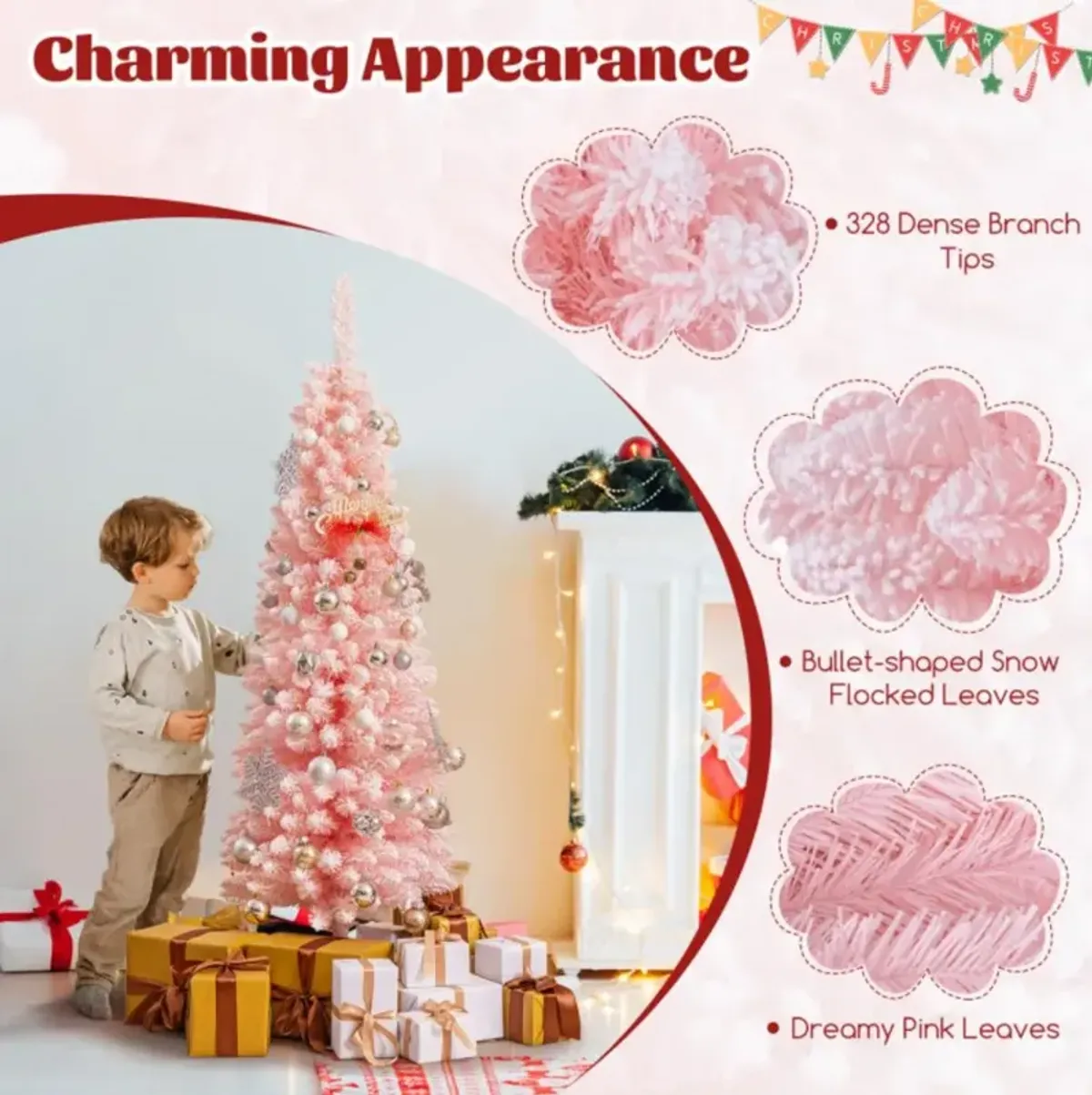 Hivvago Snow Flocked 5/6/7/8 FT Artificial Pink Xmas Tree with 328/460/635/1000 Branch Tips