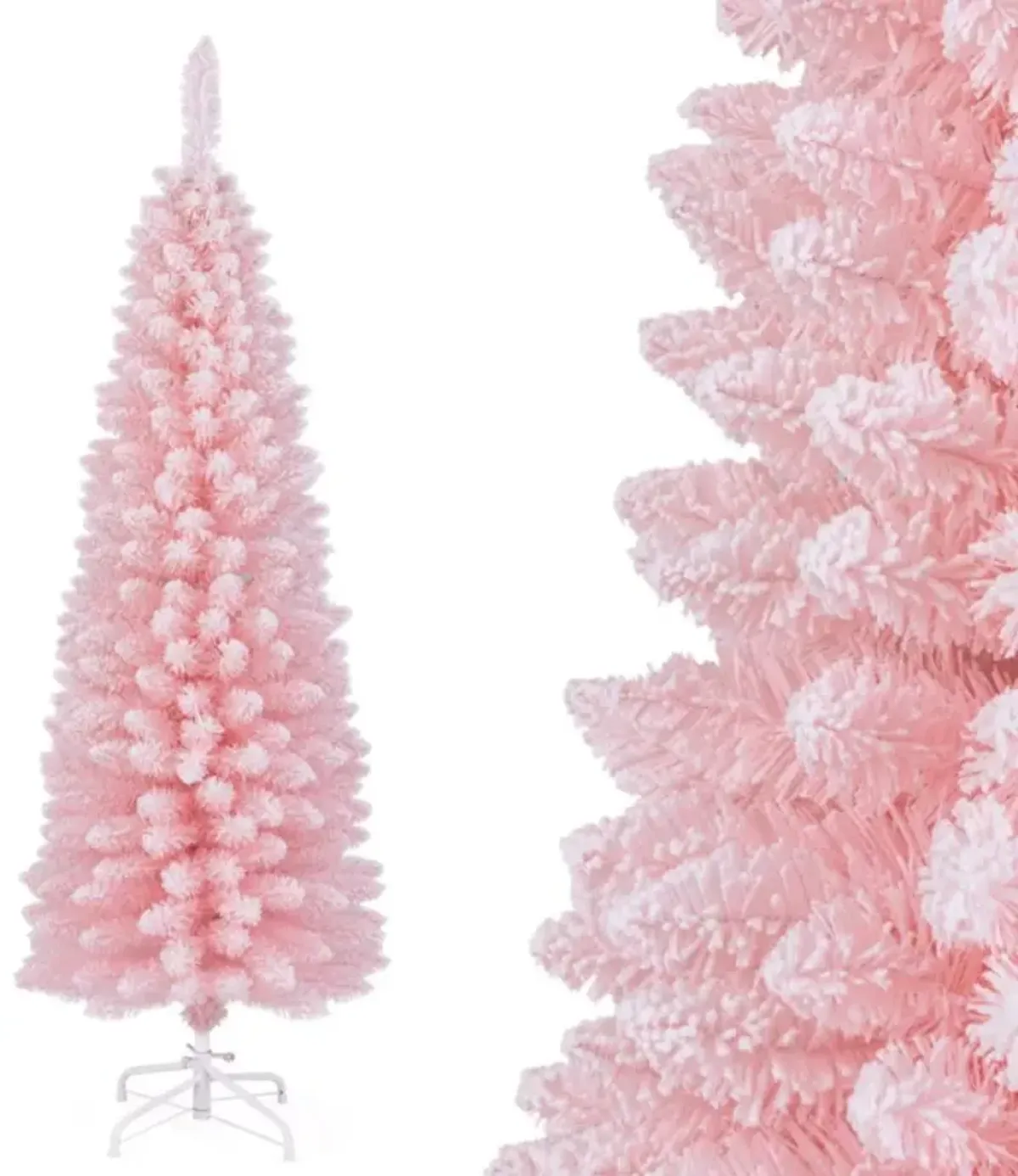 Hivvago Snow Flocked 5/6/7/8 FT Artificial Pink Xmas Tree with 328/460/635/1000 Branch Tips