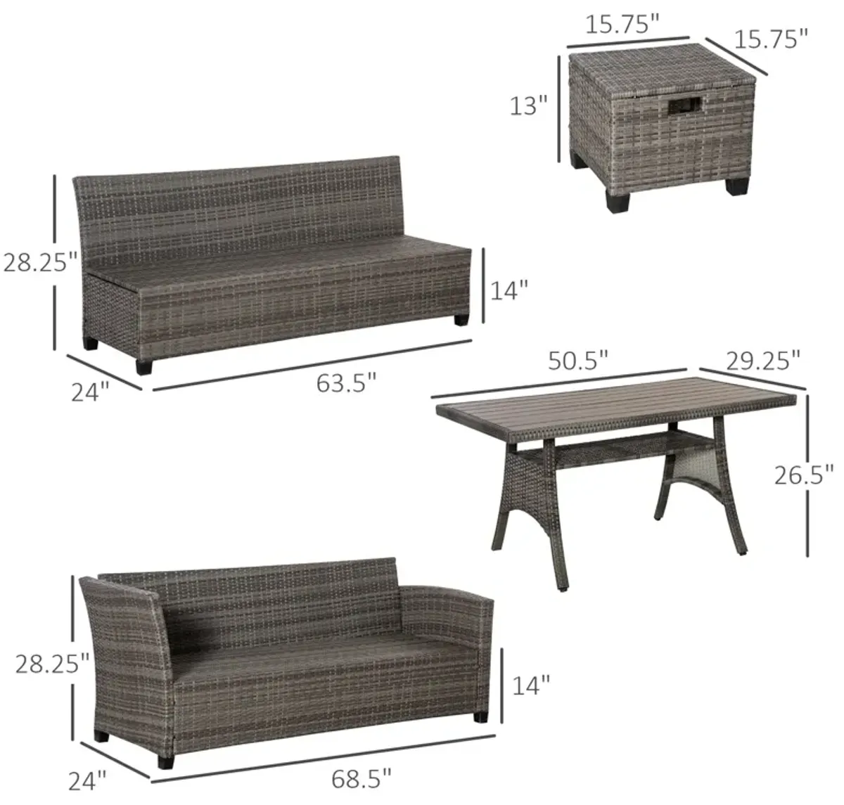 Mixed Grey Patio Set: 6-Piece Wicker Conversation Furniture with Coffee Table