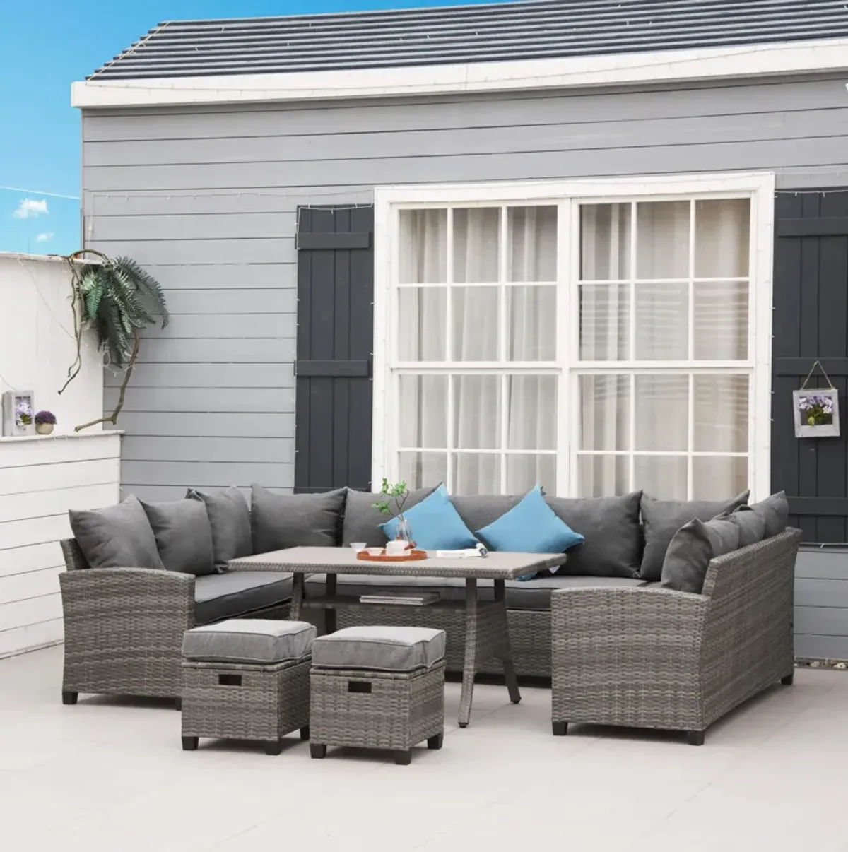 Mixed Grey Patio Set: 6-Piece Wicker Conversation Furniture with Coffee Table