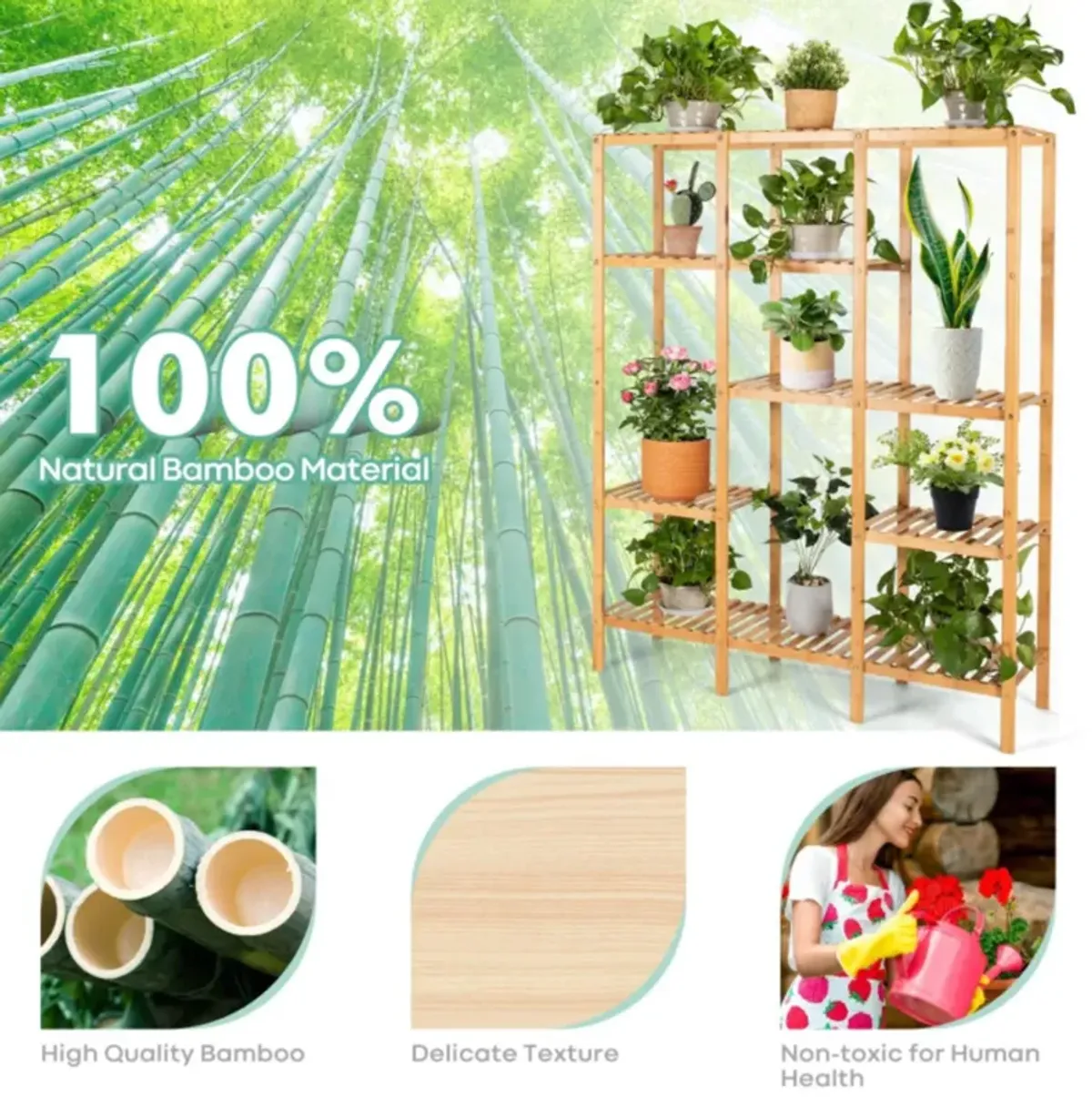 Hivvago 9-Tier Bamboo Plant Stand with Hanging Rack