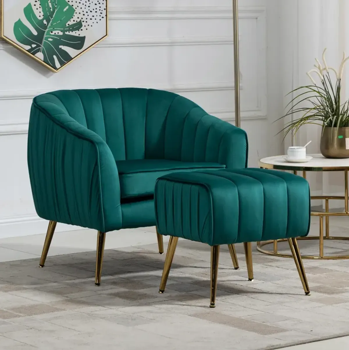 Velvet Accent Chair With Ottoman, Modern Tufted Barrel Chair Ottoman Set For Living Room