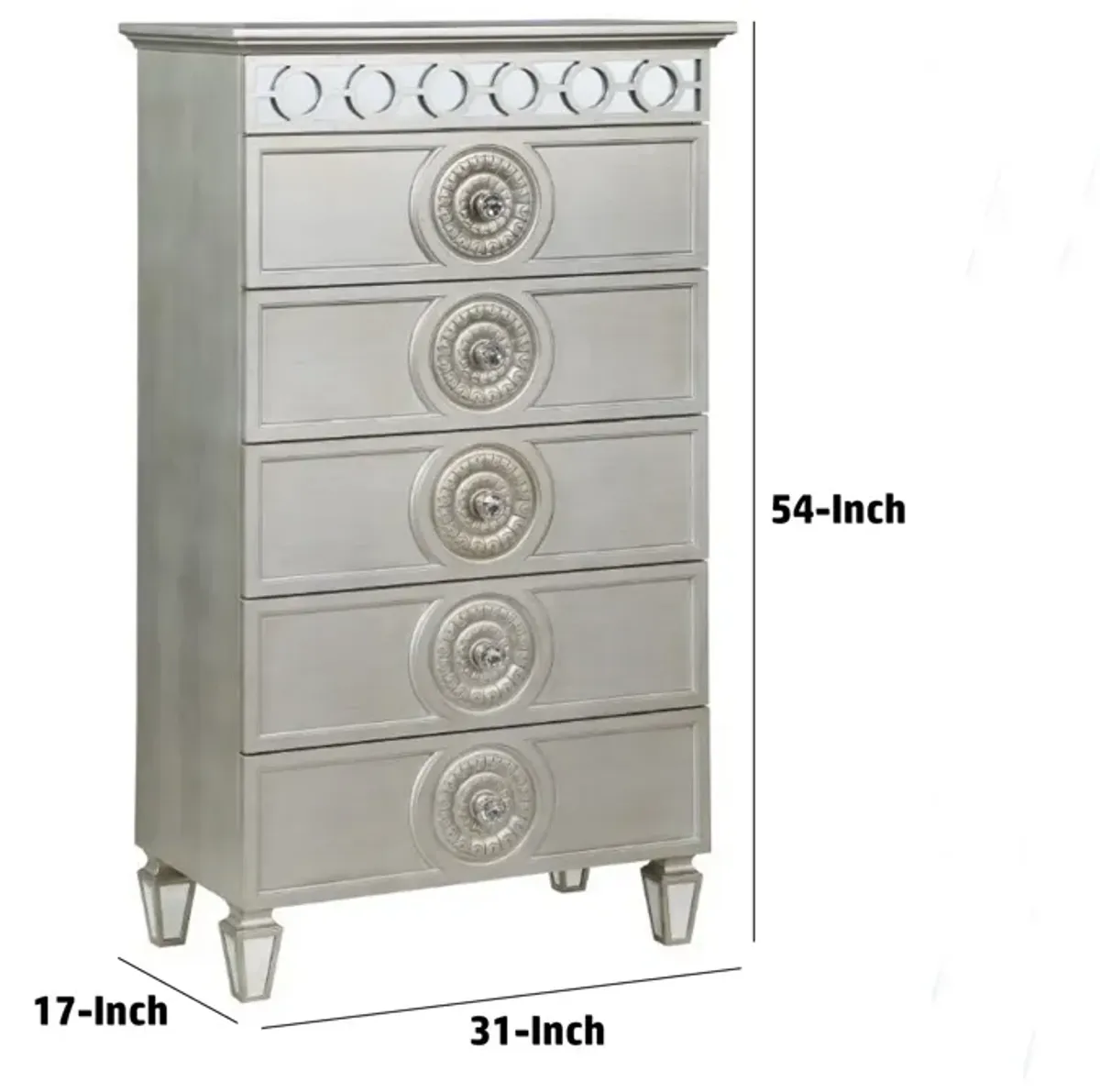 Nic 54 Inch Modern Tall Dresser Chest, 5 Drawers, Round Knobs, Silver-Benzara