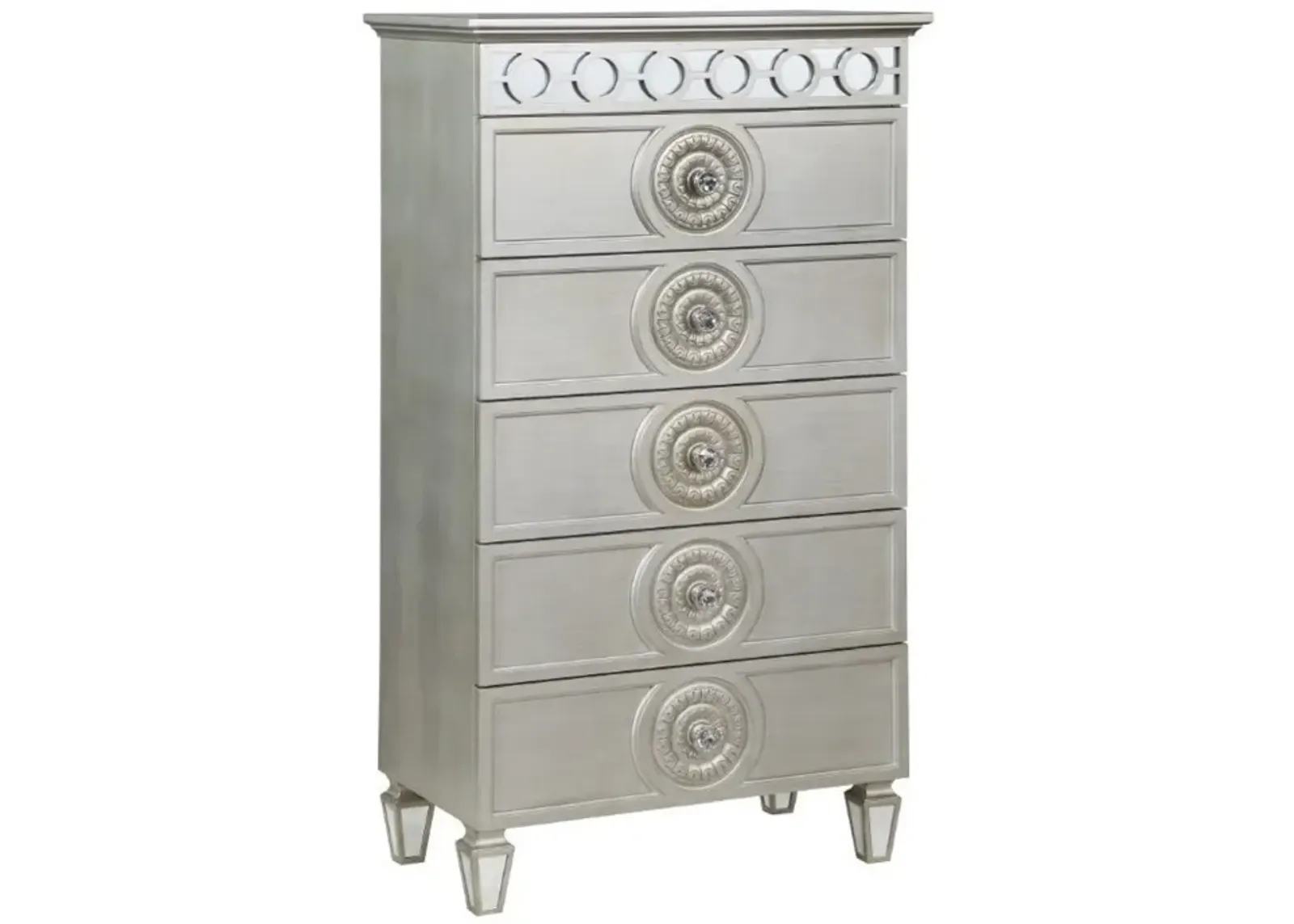 Nic 54 Inch Modern Tall Dresser Chest, 5 Drawers, Round Knobs, Silver-Benzara