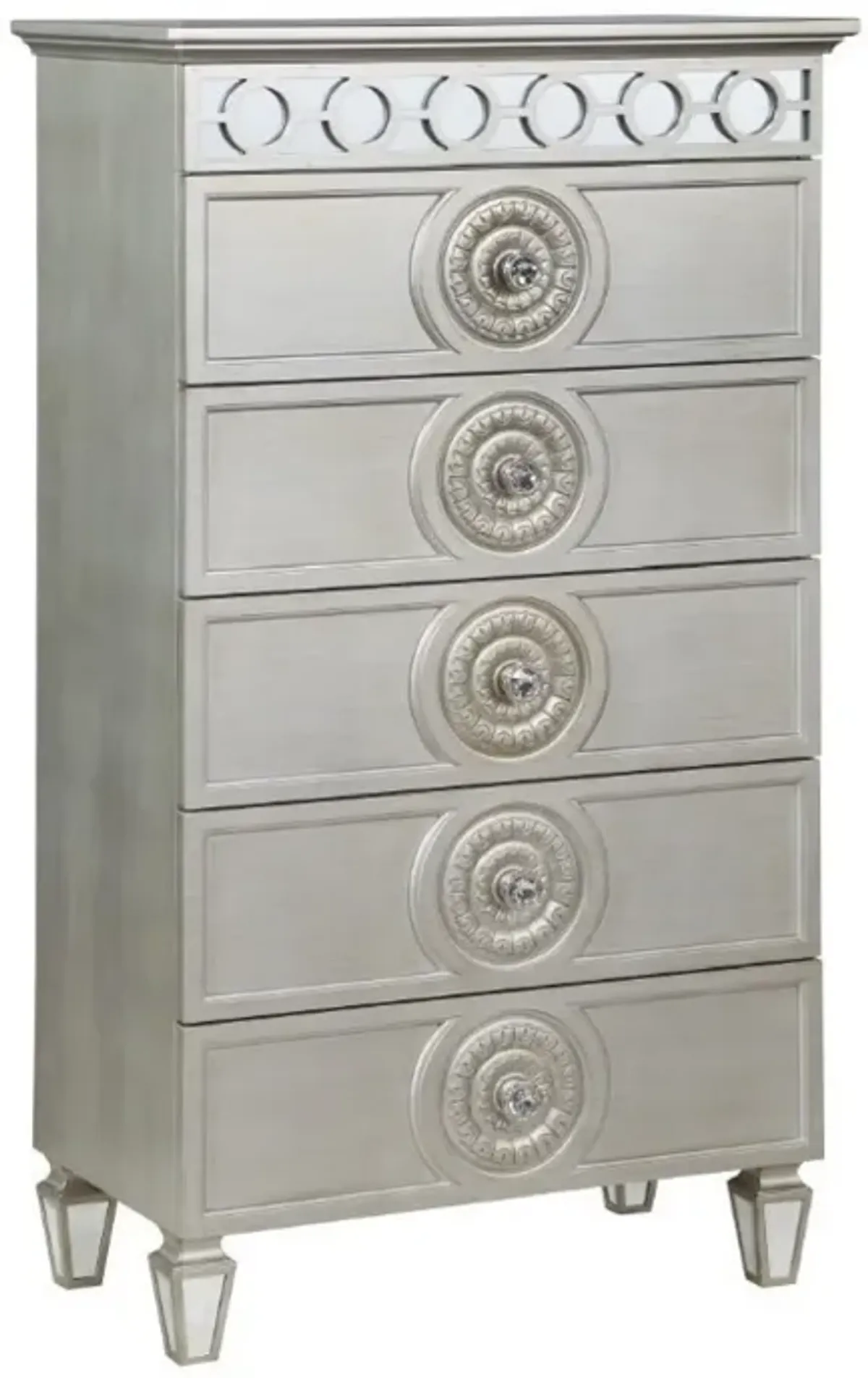 Nic 54 Inch Modern Tall Dresser Chest, 5 Drawers, Round Knobs, Silver-Benzara